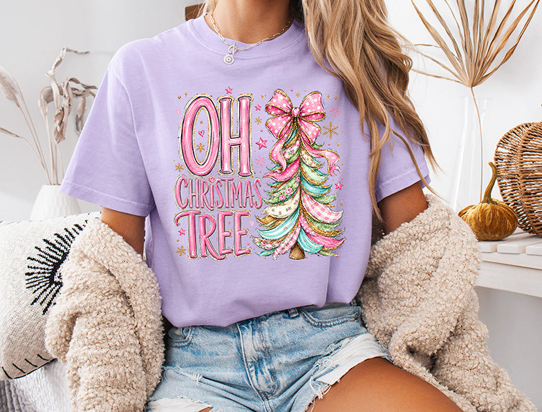 Oh Christmas Tree DTF transfer featuring a whimsical pastel Christmas tree with a large pink bow