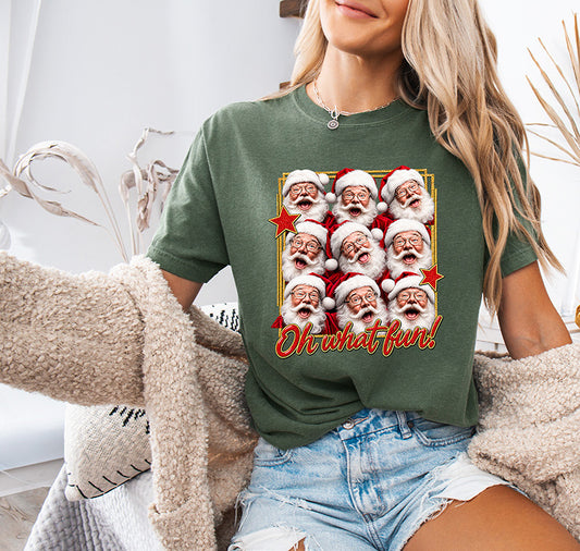 Oh What Fun Santa DTF transfer featuring a colorful grid of cheerful Santa Claus faces with red stars and festive red and yellow Christmas lettering.