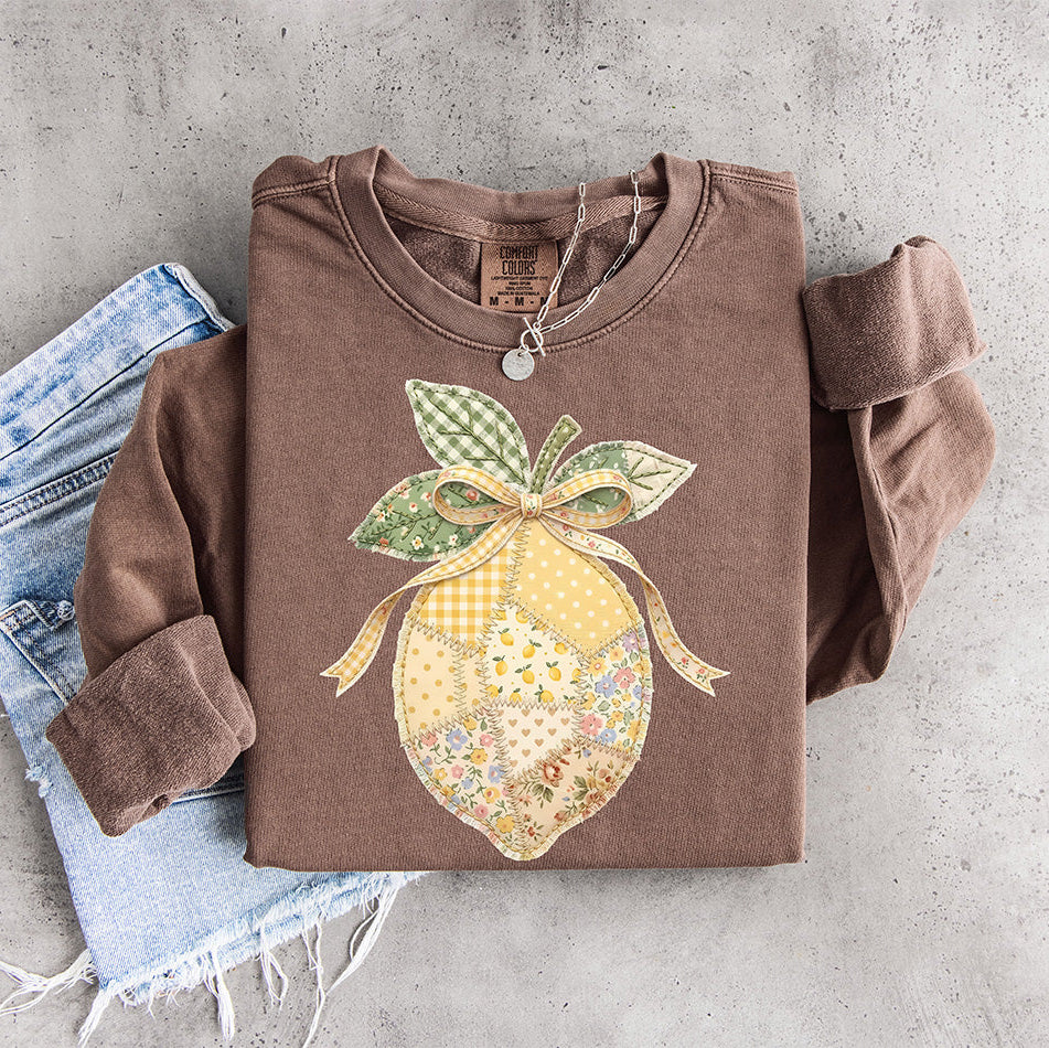 Vintage Patchwork Lemon Coquette Graphic – Shabby Chic Cottagecore Fruit Art