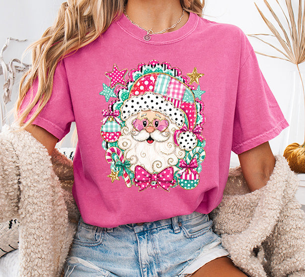 Preppy patchwork Santa Christmas DTF transfer with pink teal bows ornaments stars and candy canes