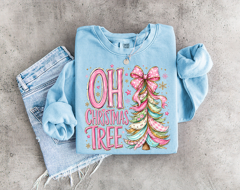 Oh Christmas Tree pink bow DTF transfer with colorful ribbon Christmas tree plaid details and sparkling holiday accents