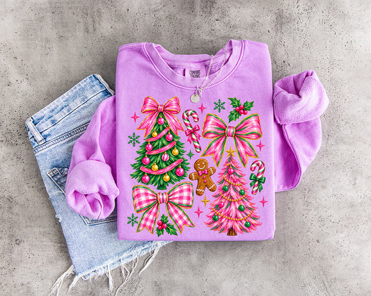 Pink Christmas trees and bows DTF transfer with gingham bows candy canes gingerbread and colorful holiday decorations