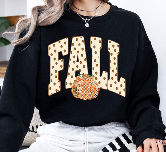 Fall DTF transfer with brown polka dot varsity lettering and patterned patchwork pumpkin with bow