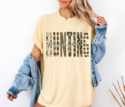 Preppy Hunting Season DTF transfer with camo leopard plaid polka dot and neutral patchwork lettering