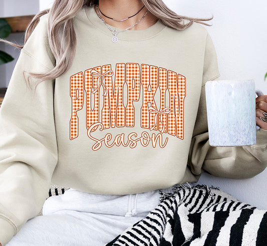 Pumpkin Season DTF transfer with orange gingham lettering, girly bows and script typography for fall shirts and sweatshirts