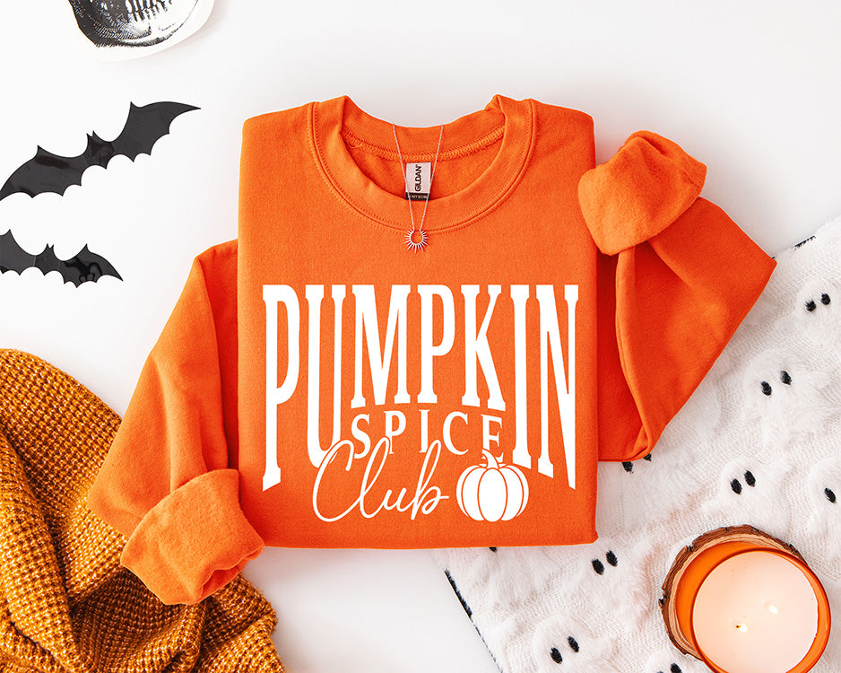 Pumpkin Spice Club DTF transfer with bold collegiate lettering script text and minimalist pumpkin design for fall apparel