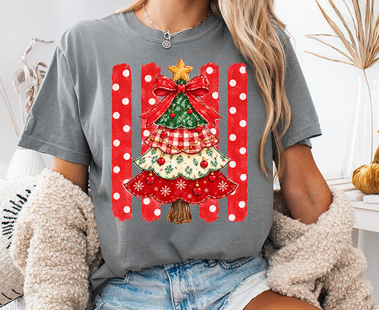 Vintage Christmas tree DTF transfer with red bow gingham polka dots ornaments and red striped holiday background