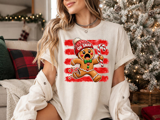 Funny Oh Snap gingerbread man Christmas DTF transfer with candy cane and distressed red stripe background