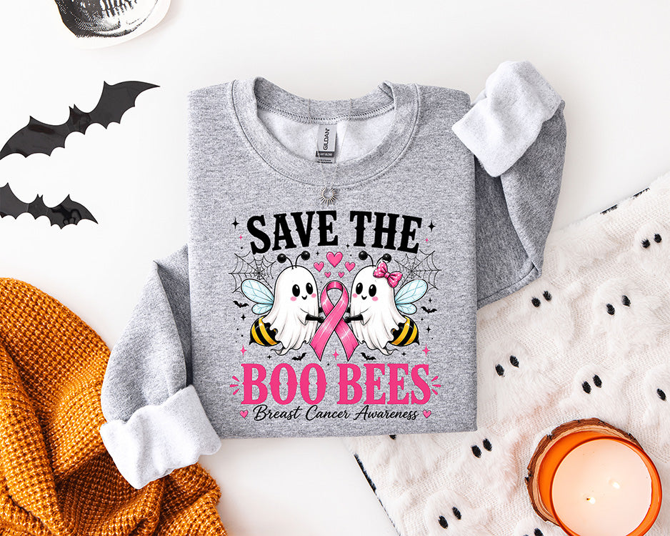 Save the Boo Bees Breast Cancer Awareness Halloween DTF transfer with two cute ghost bees holding a pink awareness ribbon