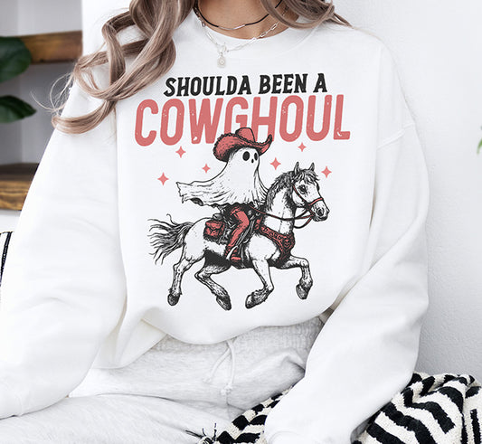 Shoulda Been a Cowghoul Western Halloween DTF transfer with cowboy ghost riding a horse