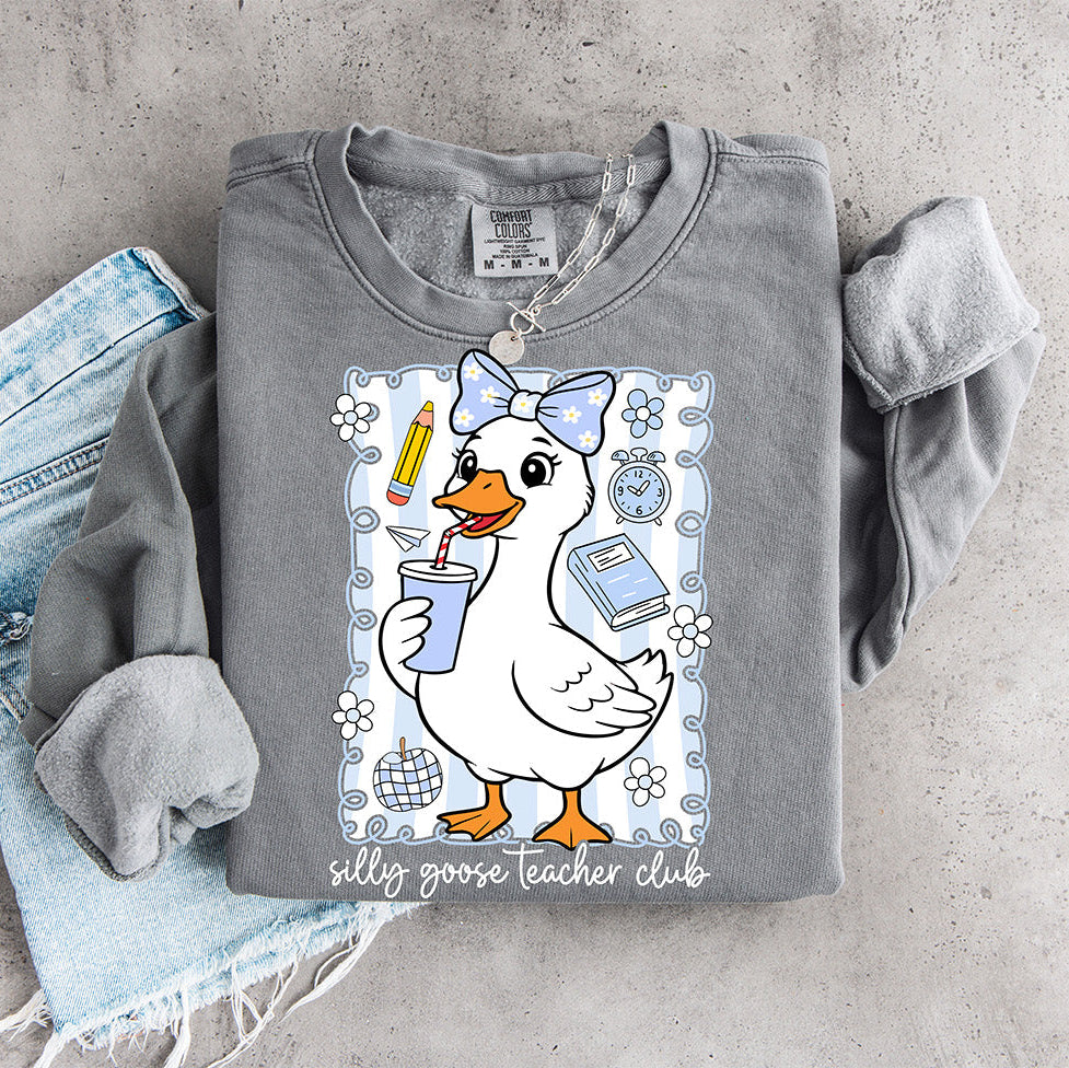 Silly Goose Teacher Club T-Shirt – Retro Kawaii Goose with Bow & Iced Coffee Design