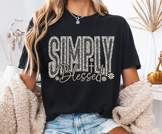 Simply Blessed Christian DTF transfer with neutral distressed lettering, cross and floral accents