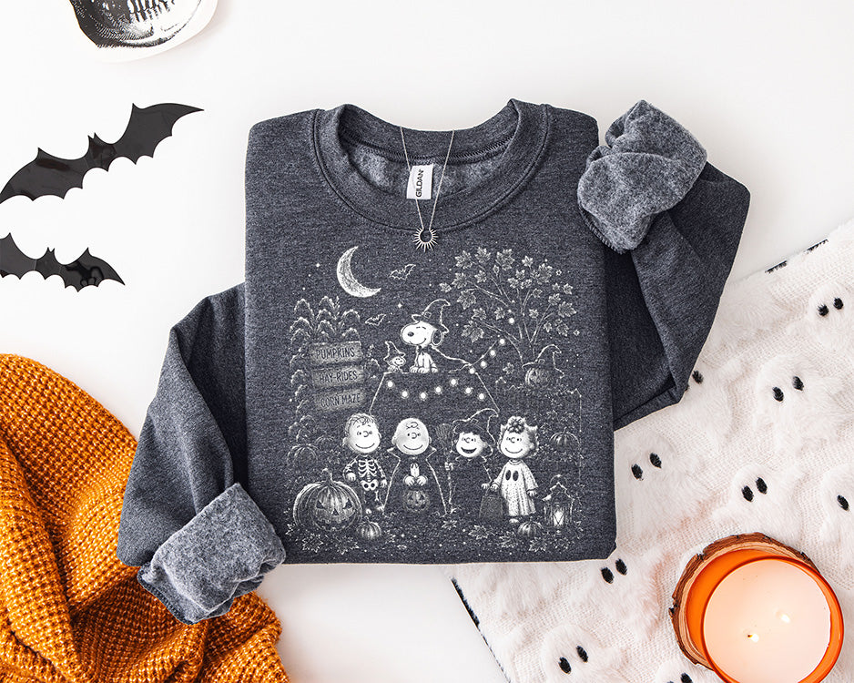 Vintage Halloween DTF transfer featuring trick-or-treating friends, pumpkins, fall trees and a moonlit spooky season scene