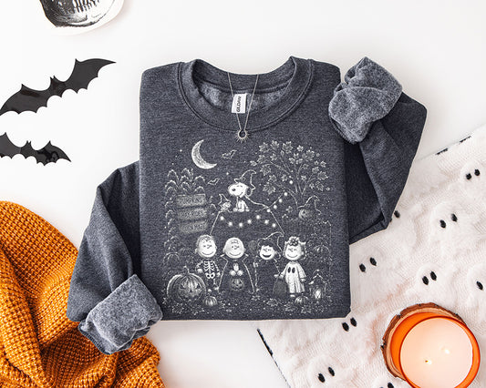 Vintage Halloween DTF transfer featuring trick-or-treating friends, pumpkins, fall trees and a moonlit spooky season scene
