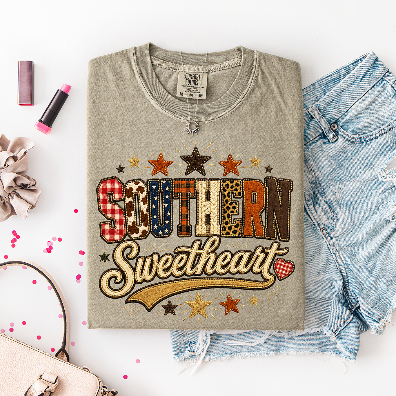 Southern Sweetheart Western Design | Retro Patchwork Leopard & Gingham Country Tee
