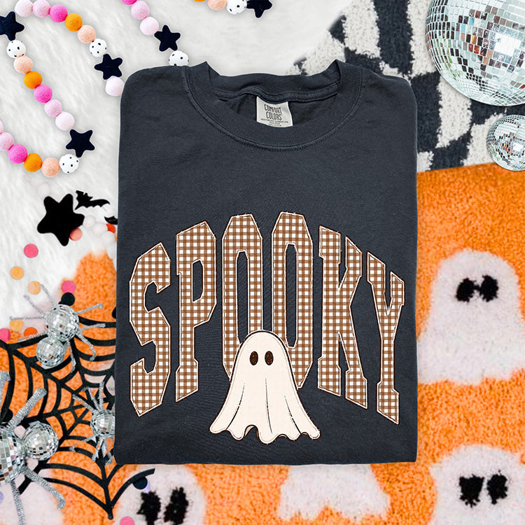 Spooky Halloween DTF transfer with brown gingham varsity lettering and cute cream ghost
