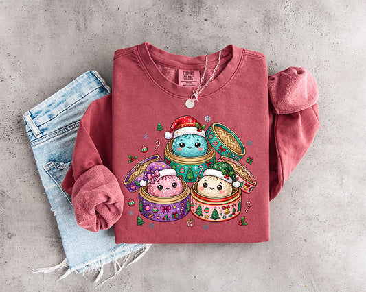 Kawaii Christmas squishy characters in colorful holiday tins wearing Santa and elf hats with candy canes gifts ornaments and Christmas trees