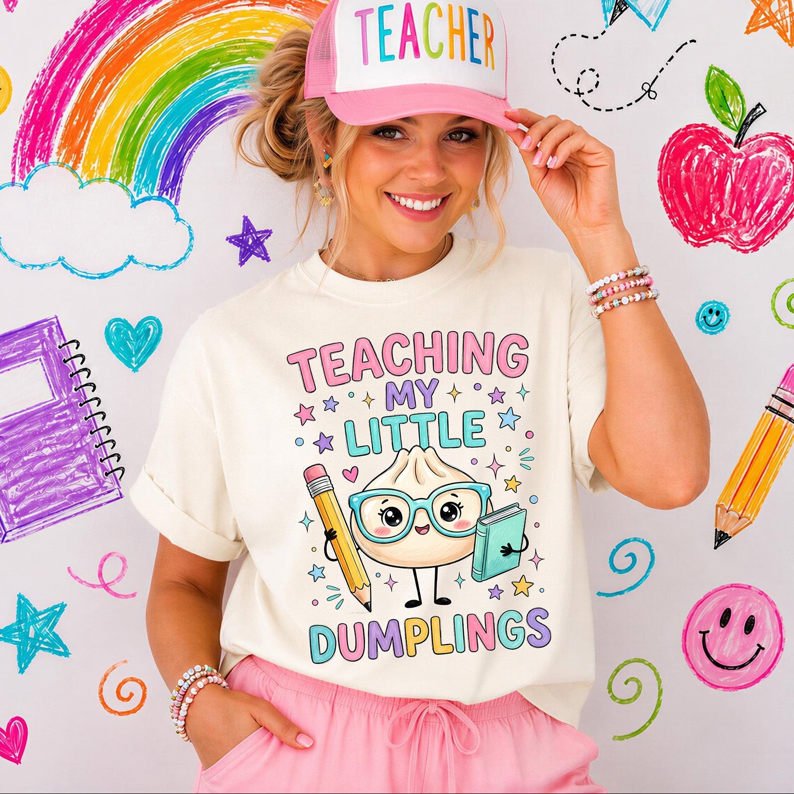 Teaching My Little Dumplings teacher DTF transfer with cute dumpling glasses pencil and book