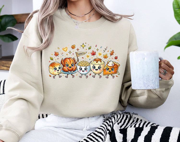 Cute Thanksgiving food DTF transfer with turkey mac and cheese mashed potatoes pumpkin pie and Thankful flag