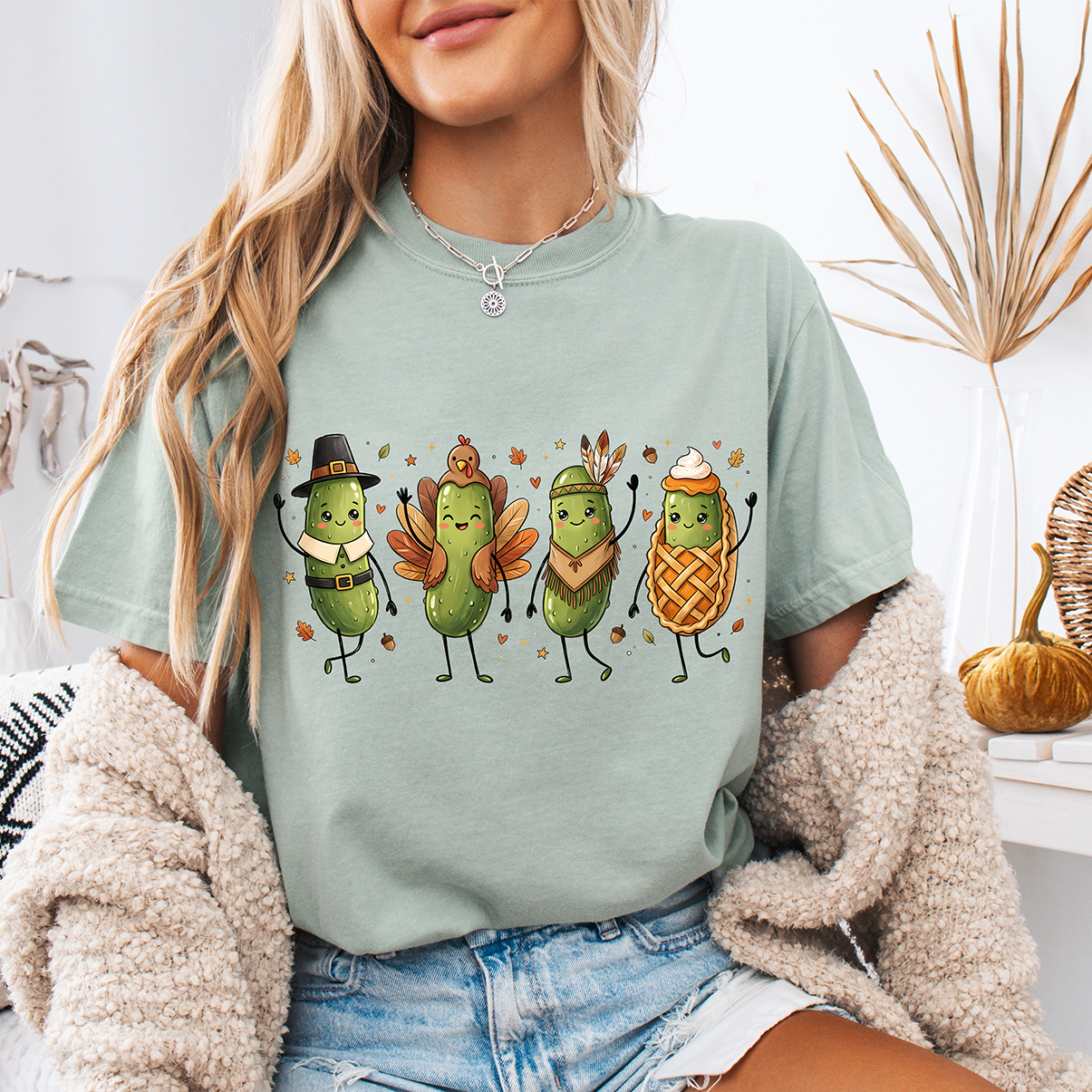 Kawaii Thanksgiving Pickle Design | Cute Fall Pickle Pilgrim & Turkey Tee