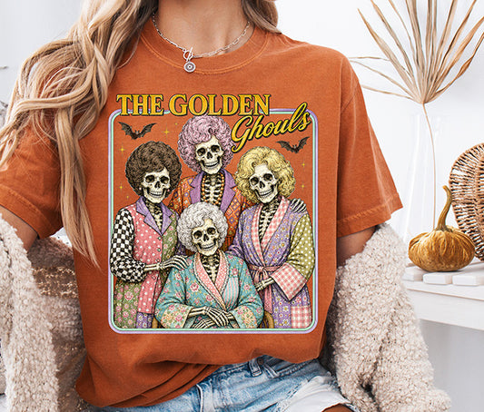 The Golden Ghouls Halloween DTF transfer featuring four retro skeleton ladies in colorful vintage outfits with bats