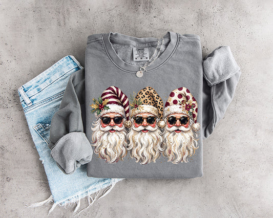 Three preppy Santa Christmas DTF transfer with sunglasses and leopard striped and polka dot holiday hats