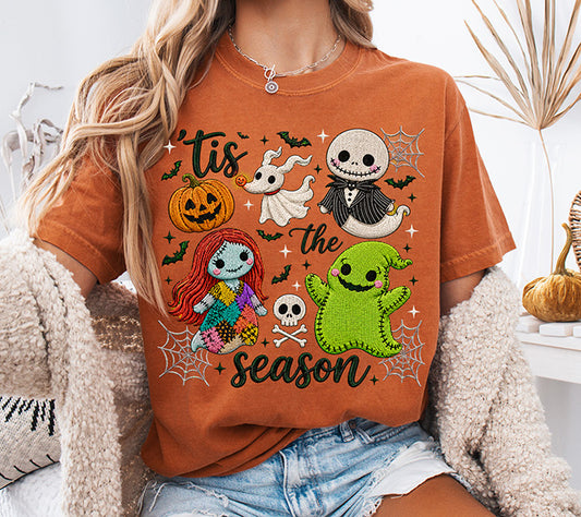 Tis the Season Halloween DTF transfer featuring colorful patchwork spooky characters with pumpkin bats skull and spiderwebs