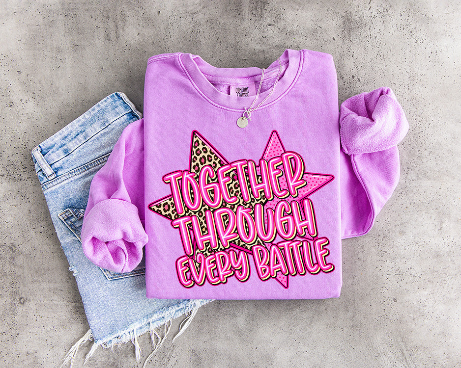 Together Through Every Battle breast cancer awareness DTF transfer with bright pink lettering and leopard print star accents