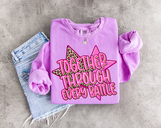 Together Through Every Battle breast cancer awareness DTF transfer with bright pink lettering and leopard print star accents