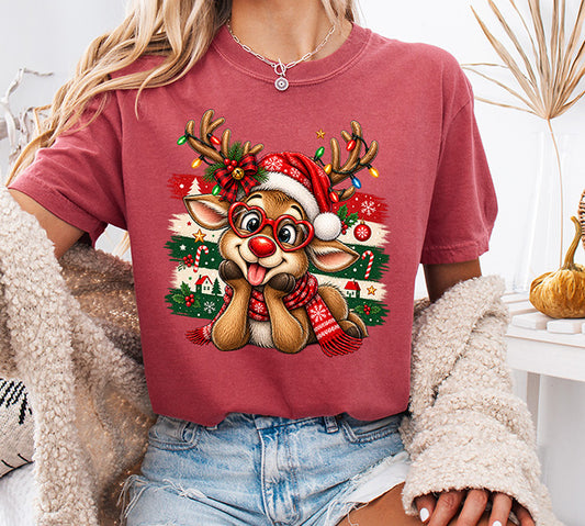 Cute Christmas reindeer DTF transfer with red heart glasses Santa hat scarf Christmas lights candy canes and festive holiday decorations