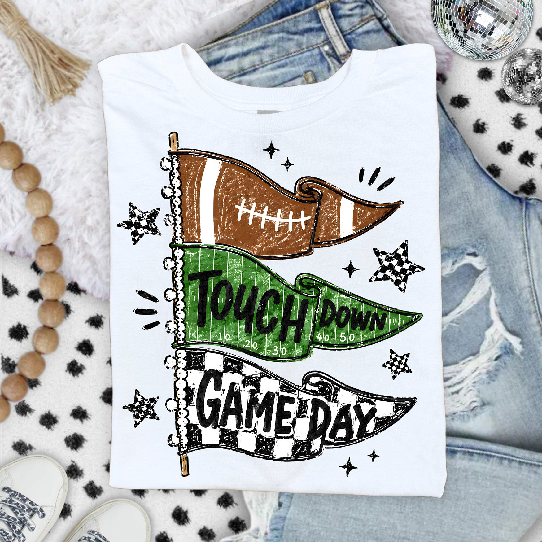 Football Game Day DTF transfer with Touchdown football field and black white checkered pennant flags