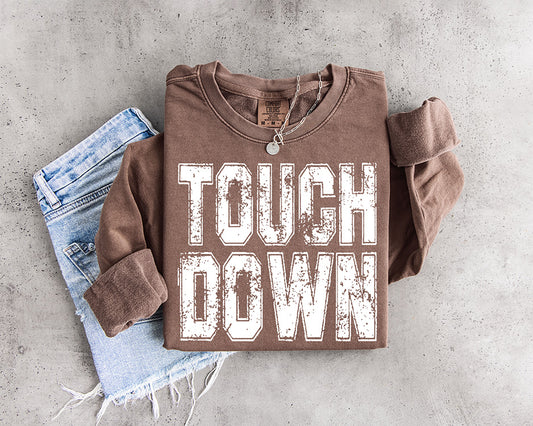 Touchdown football DTF transfer featuring bold distressed white varsity lettering in a vintage collegiate style