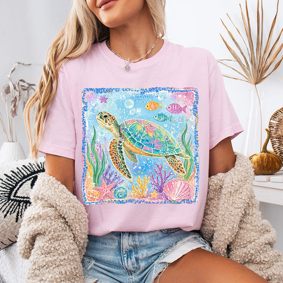 Colorful Boho Sea Turtle Graphic - Neon Underwater Coral Reef Design