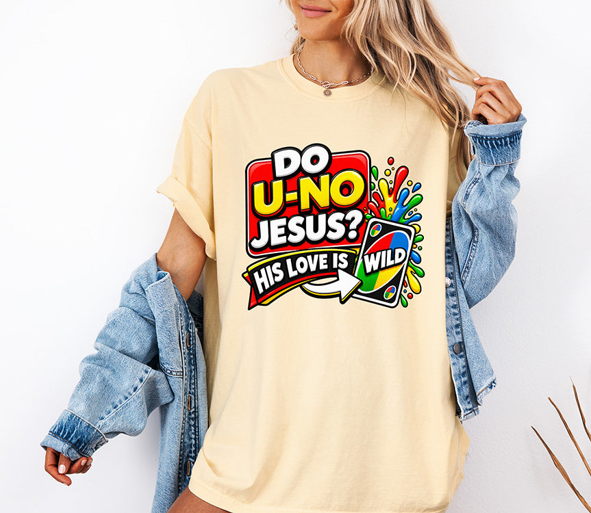 Do U Know Jesus His Love Is Wild colorful Christian DTF transfer with red yellow green and blue card game inspired design