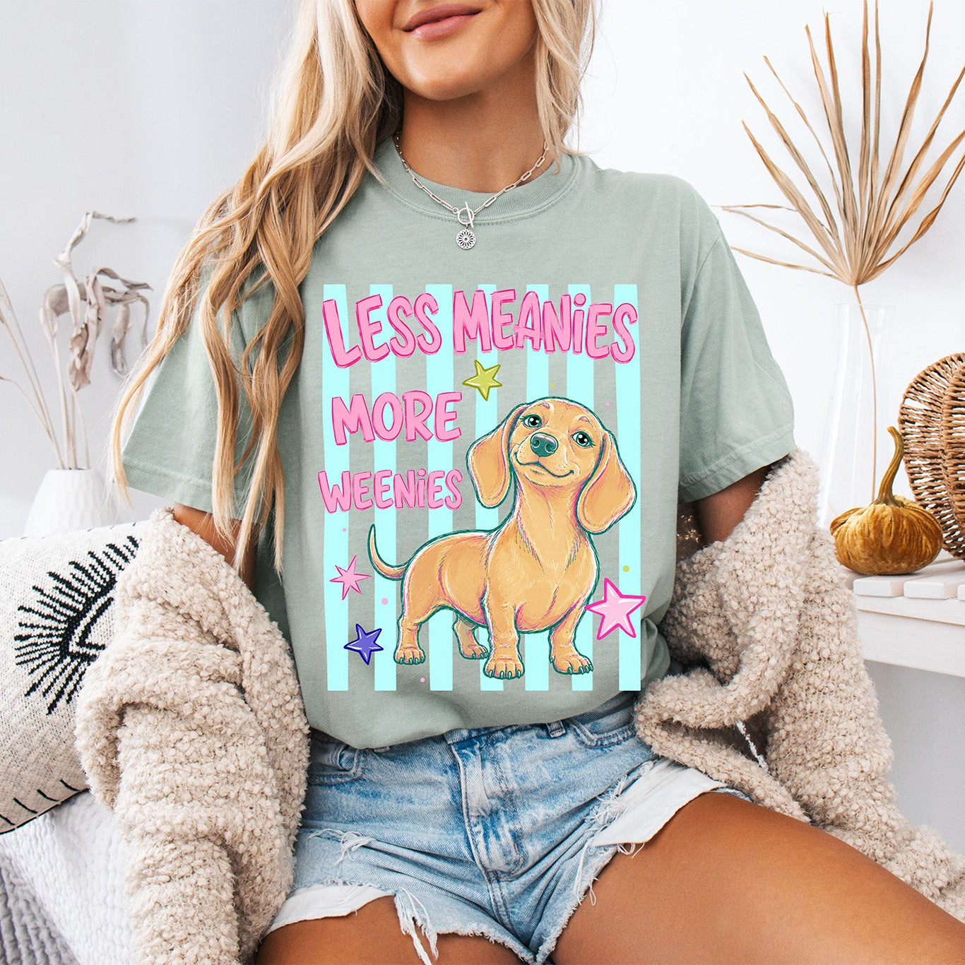 Less Meanies More Weenies| Retro Dachshund Graphic| Pastel Weiner Dog Aesthetic