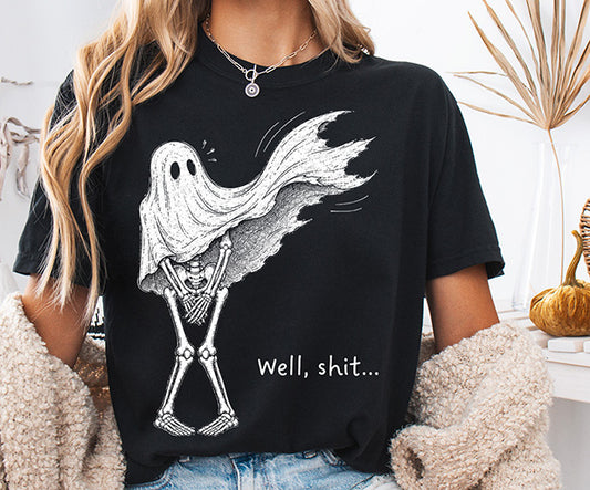Well Shit Halloween DTF transfer featuring a funny skeleton holding onto a floating ghost in black and white artwork
