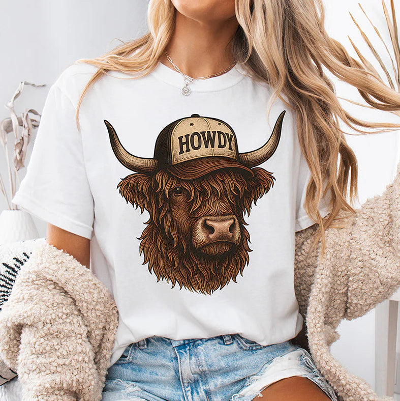 Highland Cow "Howdy" DTF Transfer - Ready to Press