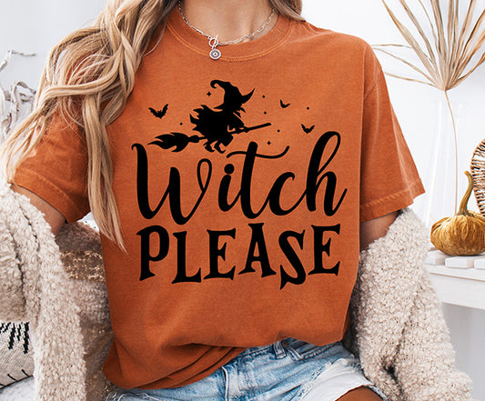 Witch Please Halloween DTF transfer featuring black flying witch silhouette on broom with bats and bold sarcastic lettering