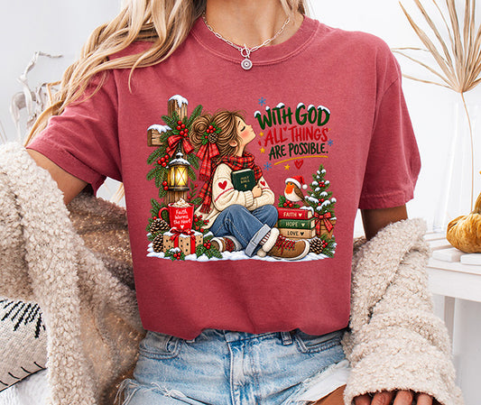 With God All Things Are Possible Christian Christmas DTF transfer with Bible cardinal and holiday greenery