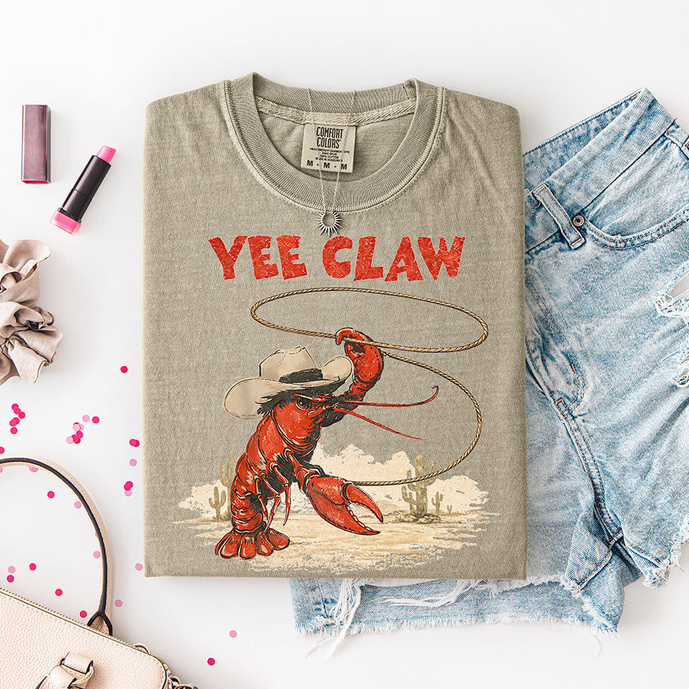 Yee Claw Western Crawfish T-Shirt | Funny Cowboy Lobster Graphic | Retro Southern Boil Coastal Shirt | Cute Country Cactus Gift for Her