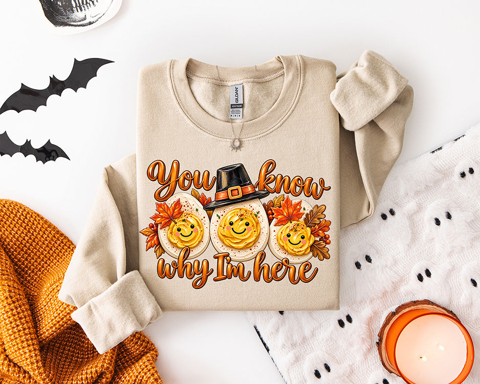 Funny You Know Why I'm Here Thanksgiving DTF transfer with three smiling deviled eggs, pilgrim hat and colorful fall leaves