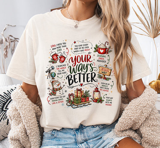 Your Way’s Better Christian Christmas DTF transfer with faith sayings presents snowman and festive holiday artwork